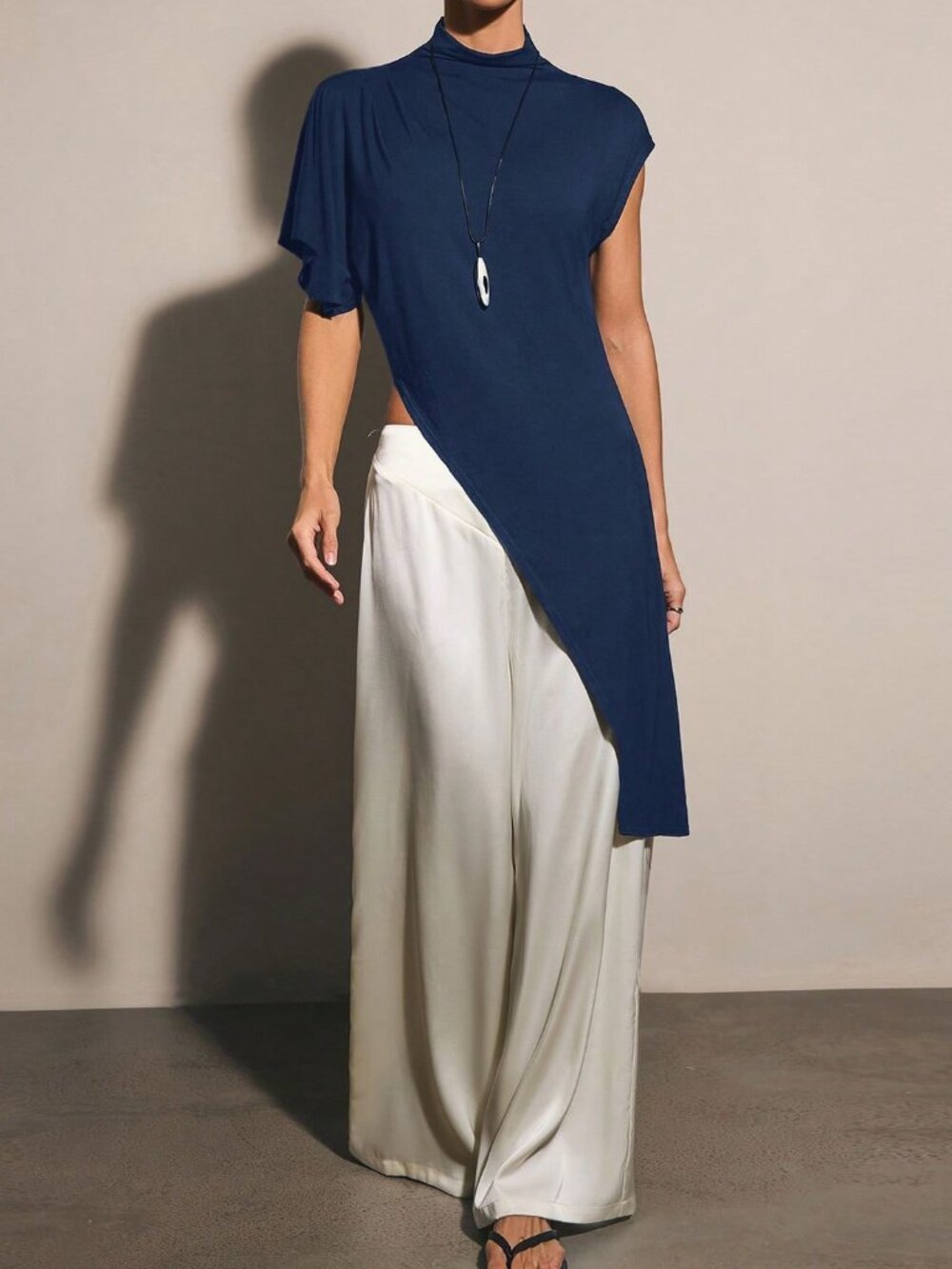 Navy Blue Casual Women's Stand Collar Asymmetrical Hem Top - Picture 3 of 5
